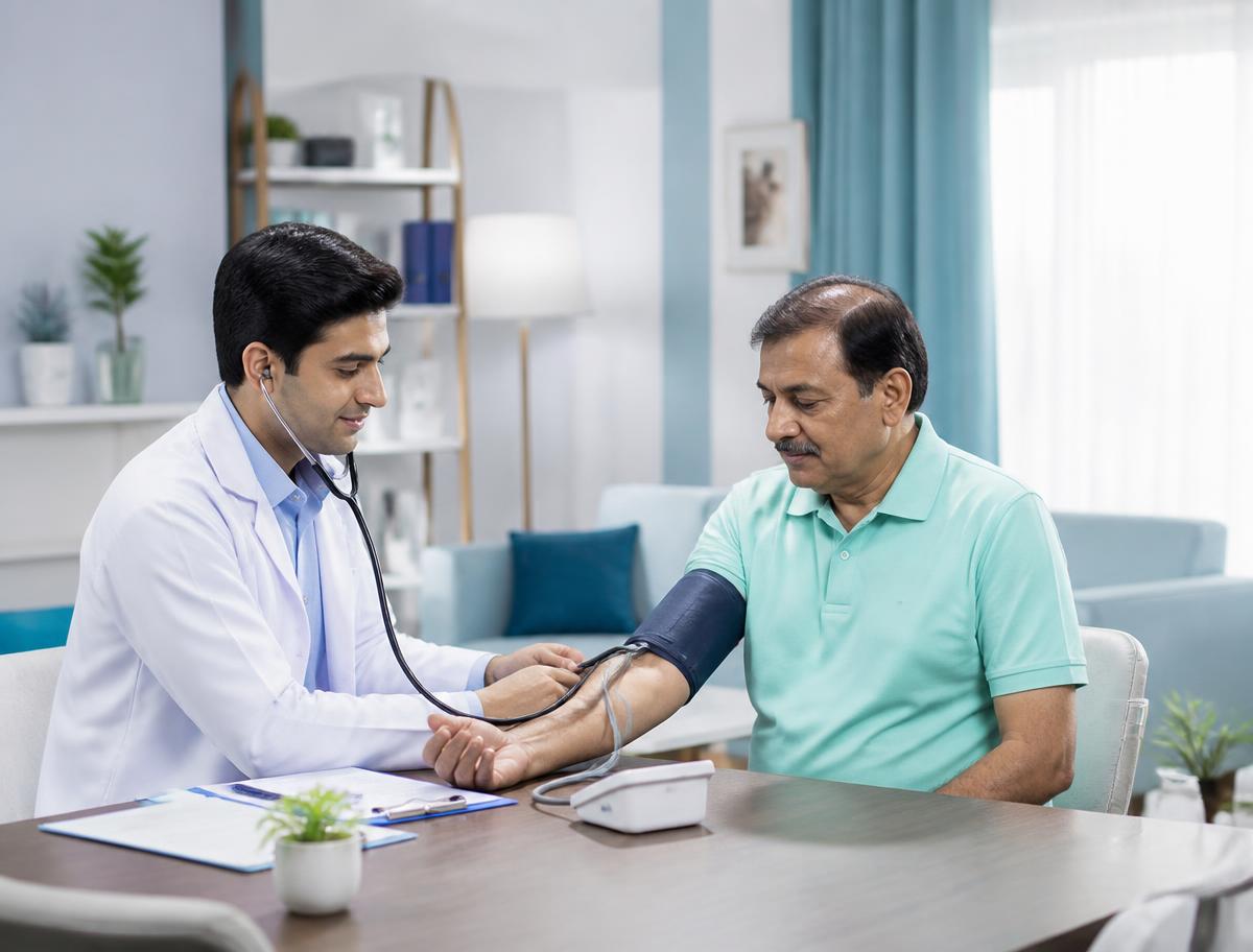Doctor checking an elderly patient's blood pressure at home