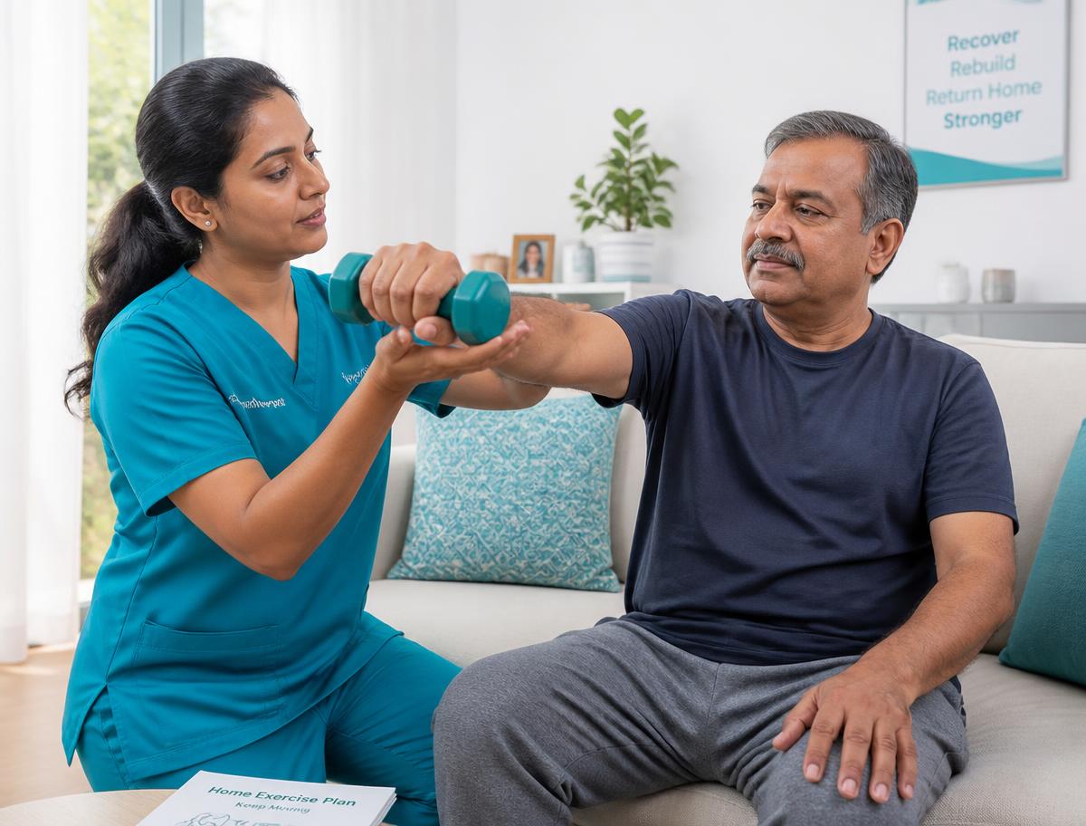 Physiotherapist helping a patient with recovery exercises at home